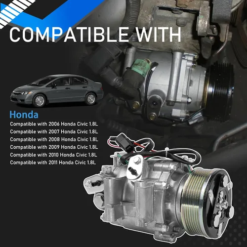 Vista 2 de Compresor de aire acondicionado para auto compatible con Honda Civic 2006 2007 2008 2009 2010 2011 1.8L Compresor de aire acondicionado con embrague