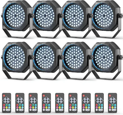 Vista 11 de Luces estroboscópicas recargables, 60 luces LED RGB mini para escenario, batería de 30W con control remoto y modo activado por sonido, LED Par Can