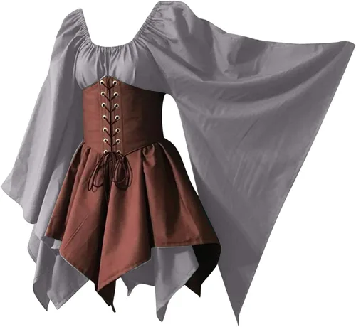 Vista 2 de Attine Disfraz retro medieval para mujer, vestido gótico vikingo irlandés, vestido de cosplay de elfo, vestido victoriano con mangas de trompeta