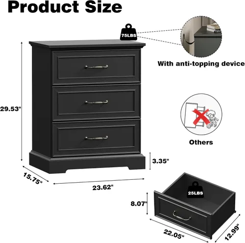 Vista 2 de Cómoda rústica de 3 cajones para dormitorio, cómoda moderna de 24 pulgadas de ancho con cajones profundos y asas de barra, mesita de noche de madera