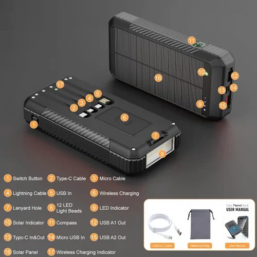 Vista 6 de Cargador portátil inalámbrico de 33800 mAh con 4 cables integrados, batería de carga rápida con 7 salidas, 4 entradas, linterna LED de campamento