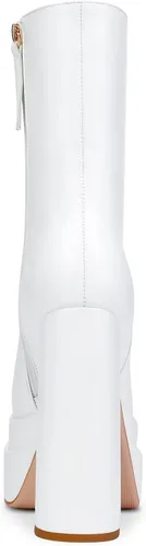 Vista 5 de Aachcol Botas de plataforma para mujer, puntera cuadrada, tacón alto, grueso, cremallera lateral, media pantorrilla, botines