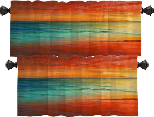 Vista 26 de Shrahala Beige and Orange Abstract Art Brushstrokes Blackout Curtain Tiers, Abstract Oil Paint Kitchen Valance Light Blocking Tier Drapes with Rod