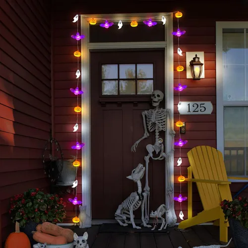Vista 3 de Luces de Cadena de Halloween, 16.4 pies, 30 LED, Calabaza Murciélago Fantasma, Funciona con Pilas, Luces Naranjas y Moradas con Efecto Naranja