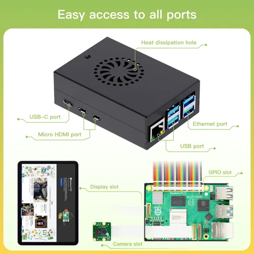 Vista 2 de iRasptek Kit de accesorios para Raspberry Pi 5— Caja de metal con enfriador activo y fuente de alimentación USB C de 27 W para Raspberry Pi 5