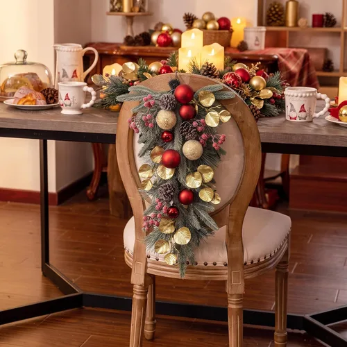 Vista 6 de Valery Madelyn Red Gold Christmas Teardrop Swag Decoration with Lights Rojo dorado