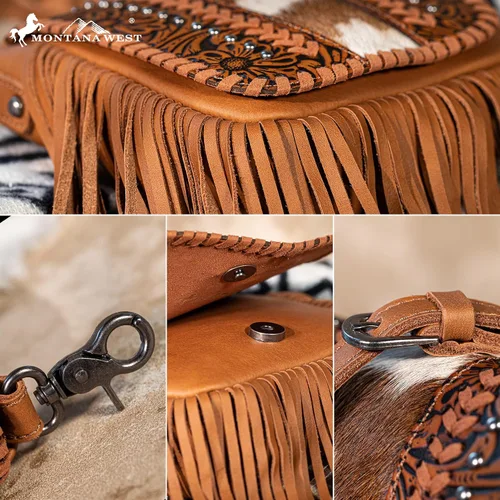 Vista 6 de Montana West Bolso cruzado para mujer de cuero genuino con flecos occidentales