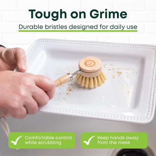 Vista 6 de Tieralia Juego de 5 cepillos de bambú para platos, kit de limpieza de cocina ecológico con cepillo para botellas, cepillo largo para platos
