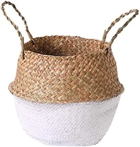 Vista 7 de INSO Cesta tejida natural para el vientre, para pícnic y comestibles. Cesta plegable de almacenamiento de algas marinas con asas para plantas Negro