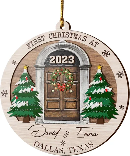 Vista 10 de V VIBEPY Adornos personalizados para casa nueva, adornos de Navidad para el hogar, adornos de madera de Navidad, 3.5 pulgadas, adornos de 3 capas