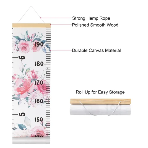 Vista 3 de Tabla de crecimiento de lona para niños para pared, rastreador de medición de altura floral para bebé niña, regla colgante con gancho extraíble