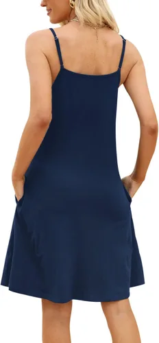 Vista 5 de MERRYVILLA Vestido de verano para mujer, con tirantes delgados, mangas casuales, con vuelo, vestido de playa con bolsillos