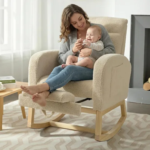 Vista 3 de NIOIIKIT Mecedora Moderna para Guardería, Mecedora Tapizada Teddy con Reposapiés, Cómoda Mecedora Deslizante con Bolsillo Lateral para Sala