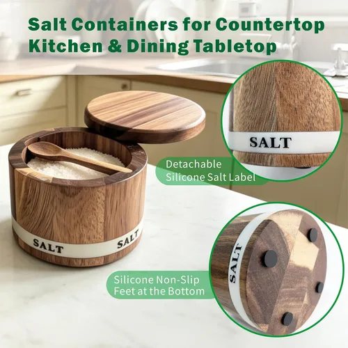 Vista 5 de ThougrLyh Bodega de sal, recipiente de sal de madera de acacia con tapa y cuchara, etiqueta de caja de sal grabada desmontable y cierre magnético