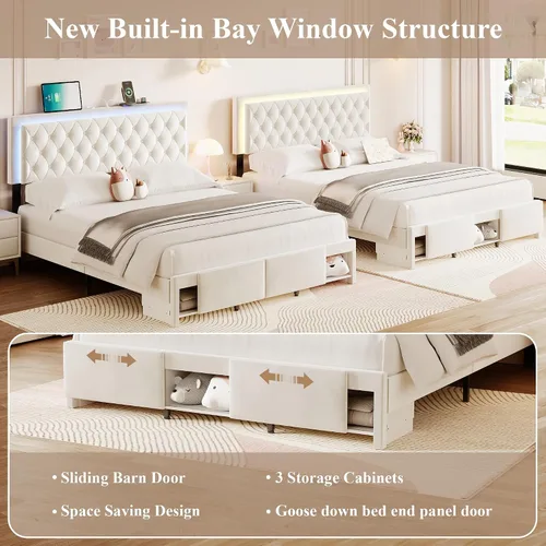 Vista 3 de Base de cama Queen con cabecera capitoné con botones, base de cama tapizada tamaño Queen con luces LED, estación de carga, almacenamiento