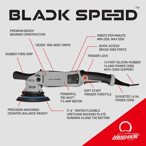 Vista 6 de Nanoskin Black Speed 15mm Long-Throw Random Orbital Polisher - 750W, 7.5-Amp Motor, BOSCH™ Bearing Construction, Vented Flexible Backing Plate For