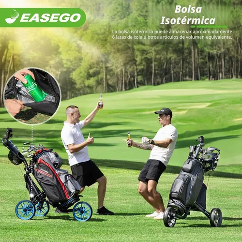 Vista 6 de EASEGO Carrito de golf con 3 ruedas: carrito plegable para bolsa de golf con soporte para teléfono/taza/paraguas, carritos de golf compactos