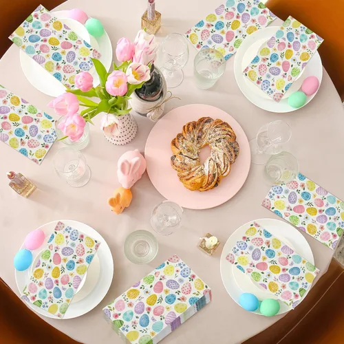 Vista 4 de Chiisong 200 servilletas de huevo de Pascua a granel, servilletas desechables de papel de acuarela floral de primavera con texto en inglés "He Is
