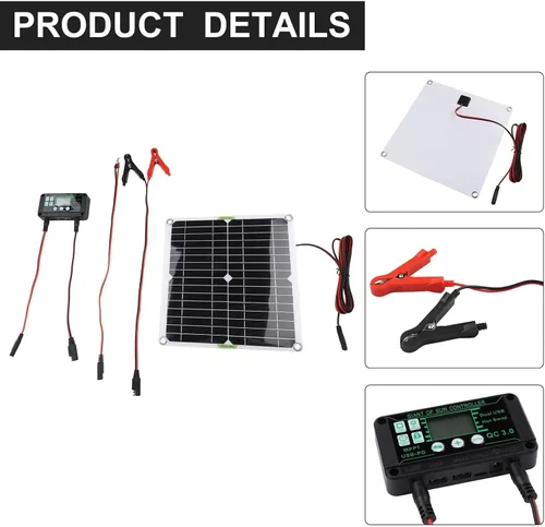 Vista 3 de Cargador solar Powercell de 12 V con controlador de 20 W, kit de panel de carga para coche, barco, RV, motocicleta, construcción de PET