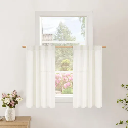 Vista 111 de BGment Cortinas cortas de lino marfil de 36 pulgadas de largo para ventanas de cocina, pequeñas cortinas texturizadas rústicas para café sobre