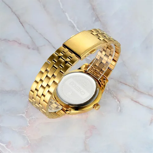 Vista 6 de JewelryWe Relojes de lujo para parejas hombres y mujeres, tono dorado y plateado, reloj de pulsera de acero inoxidable con calendario de cuarzo