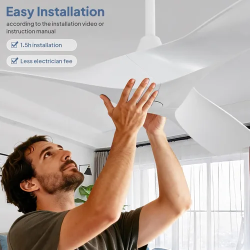Vista 5 de Sofucor Ventilador de techo blanco de 52 pulgadas sin luz, ventilador de techo moderno con control remoto, 3 aspas de ABS, motor CC reversible sin