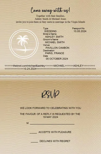 Vista 5 de Invitaciones de boda Pasaporte Destino Invitaciones de boda con RSVP Postal desmontable Cantidad de 50
