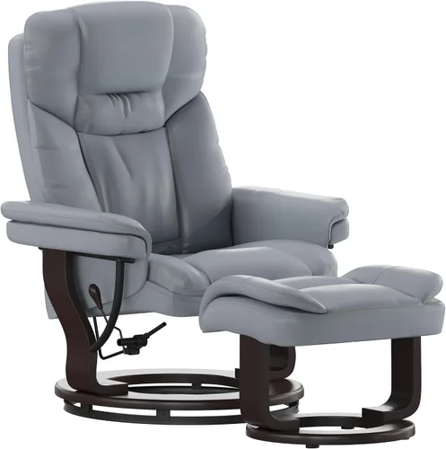 Vista 11 de Sillón reclinable y taburete de piel beige con base giratoria de madera caoba de Flash Furniture, Cuero, Beige Ajuste de palanca, reposabrazos