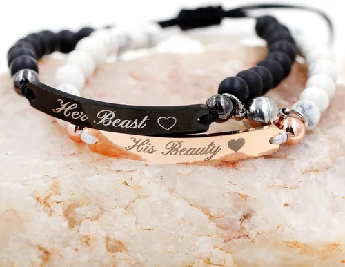 Vista 5 de Uloveido Pulseras personalizadas para parejas con imán, acero inoxidable y cuentas naturales, grabado personalizado, hecho a mano, cuerda trenzada