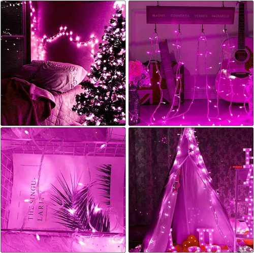 Vista 4 de Cadena de luces rosa para exteriores, decoraciones de San Valentín, 8 modos de luces de hadas de Navidad, enchufe para árbol del dormitorio