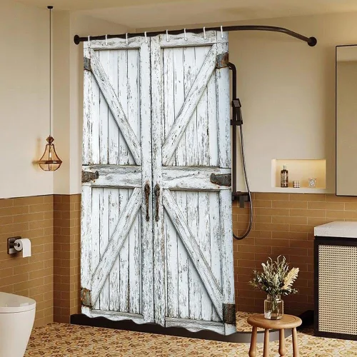 Vista 23 de Cortina de ducha de puerta de granero de madera rústica, 60 x 70 pulgadas, beige