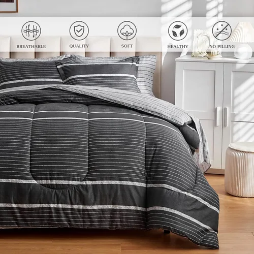 Vista 2 de Flysheep Juego de edredón de 3 piezas de estilo bohemio a rayas tamaño individual para niños, juego de ropa de cama reversible de microfibra suave a