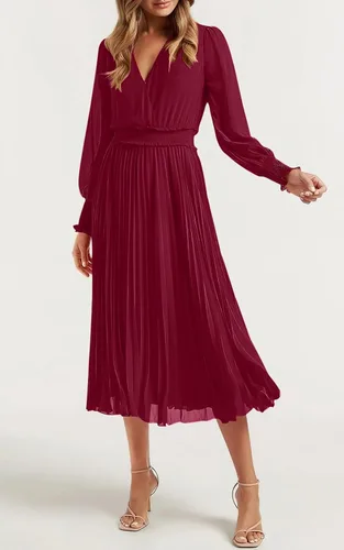 Vista 2 de PRETTYGARDEN Vestidos cruzados con cuello en V para mujer, para invitados de boda, casual, plisado, manga larga, vestido largo fruncido con volantes