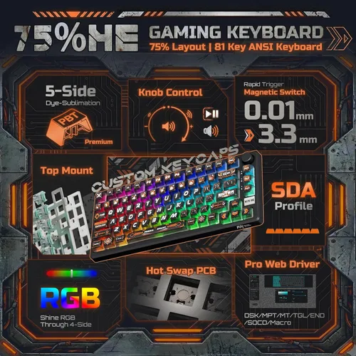 Vista 2 de RK ROYAL KLUDGE 75% HE Mechanical Gaming Keyboard Wired Hall Effect Magnetic Compact Keyboard with Rapid Trigger 8000Hz Polling Rate Hot Swappable