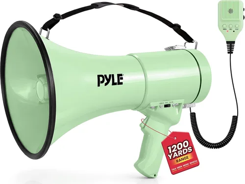 Vista 11 de Pyle 50W Megaphone Bullhorn - Portable, Automatic Siren & Adjustable Volume, Projection Range Up to 1200 Square Yards, Aux Input, Talk, Siren
