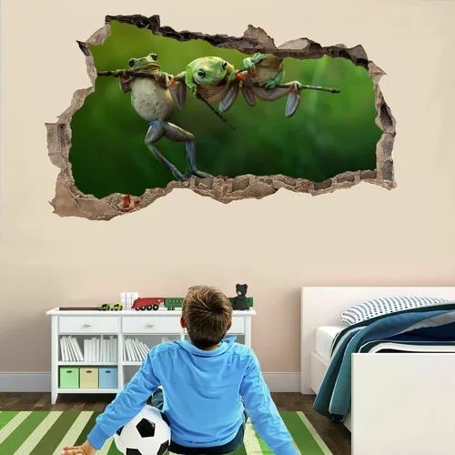 Vista 4 de Calcomanías 3D de decoración de pared de animales 3D, calcomanías de pared de ranas 3D destrozadas, arte moderno de vinilo de pared para niños