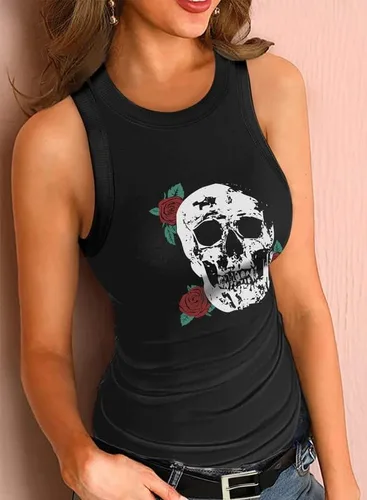 Vista 3 de Dokotoo - Camiseta ajustada sin mangas para mujer, tirantes anchos, escote bajo, con ribetes, deportiva, para entrenamiento