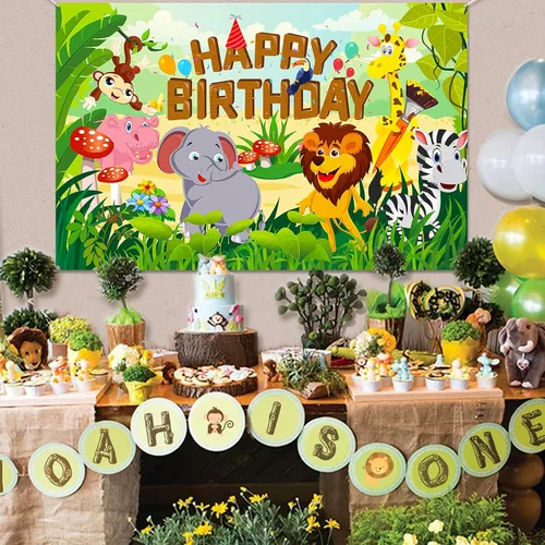 Vista 6 de HOWAF Cartel de tela de feliz cumpleaños para decoración de fiestas temáticas de animales de la selva, decoración de fondo de pared para niños