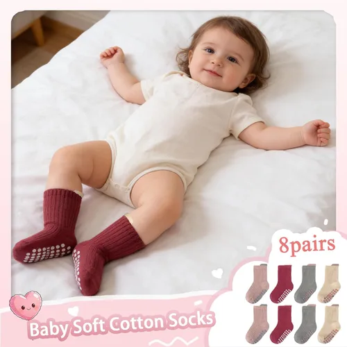 Vista 6 de 8 pares de calcetines de algodón antideslizantes para niños y niñas, recién nacidos, calcetines antideslizantes