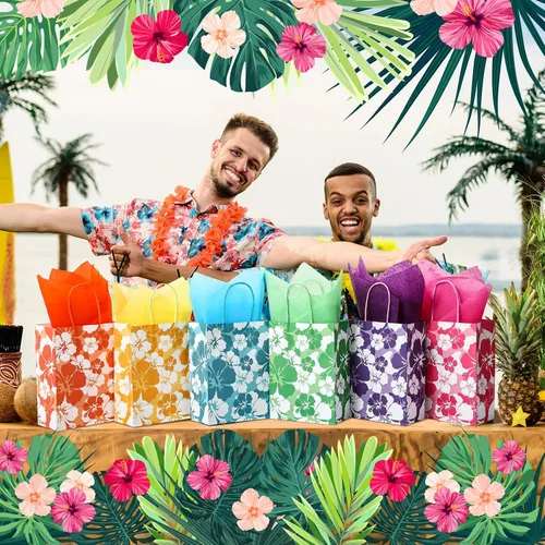 Vista 5 de Teling 12 Set Hibiscus Party Favor Hawaiian Themed Paper Bag with Tissues Summer Tropical Gift Tiki Luau Treat Hawaii Goodie Bags with Handles