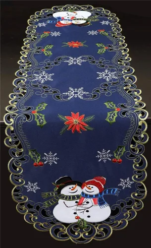 Vista 3 de Creative Linens Camino de mesa navideño bordado muñeco de nieve con copo de nieve de Pascua ovalado, bufanda de tocador azul dorado