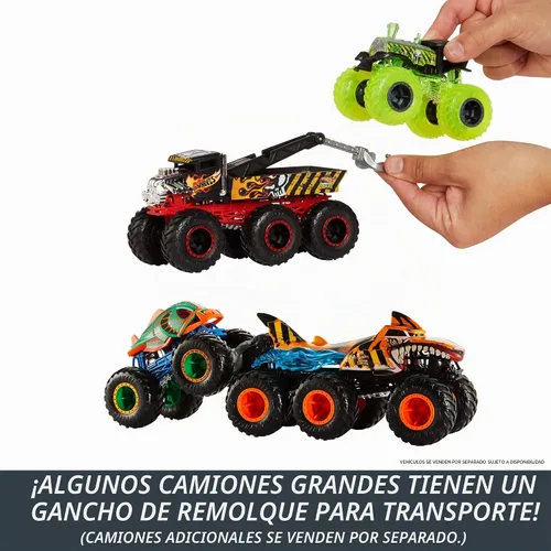 Vista 3 de Hot Wheels, Monster Trucks - Camión de remolque sorpresa a escala 1:64 con 6 ruedas (no se puede elegir el modelo)