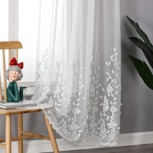 Vista 52 de VISIONTEX 2 paneles de cortinas traslúcidas de 63 in de largo, cortinas de gasa semitransparentes bordadas con hojas florales beige, bolsillo