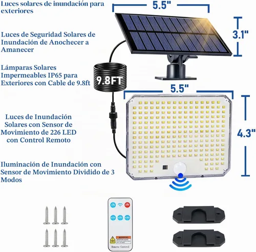 Vista 7 de Luces solares para exteriores, 226 luces LED con sensor de movimiento, iluminación solar del atardecer al amanecer con 3 modos, control remoto