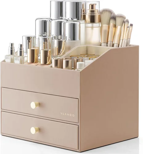 Vista 14 de Organizador de maquillaje Vlando, organizador para el cuidado de la piel para tocador, organizador de maquillaje de PU con cajones, estuche