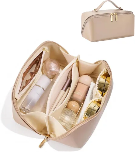 Vista 17 de Bolsa de cosméticos de viaje de gran capacidad - Bolsas de maquillaje portátiles para mujeres, impermeable, de cuero PU a cuadros, con organizador