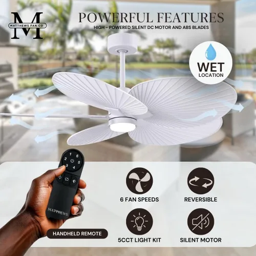 Vista 2 de Matthews AKTPLK-MWH-MWH Alessandra Tropical Wet Rated 48" Outdoor Ceiling Fan with Light and Remote, Silent DC Motor, 3 Palm Leaf ABS Blades, Matte