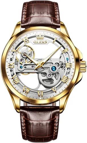 Vista 9 de OLEVS Relojes mecánicos automáticos para hombre, reloj esqueleto, impermeable, correa de cuero marrón, negro, oro rosa, relojes de pulsera