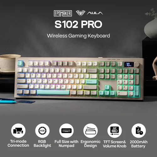 Vista 2 de EPOMAKER Aula S102 PRO Membrane Gaming Keyboard with TFT Screen, Volume Knob & Number Pad, BT/2.4G/USB, RGB Backlit, Creamy Silicone Structure, Grey