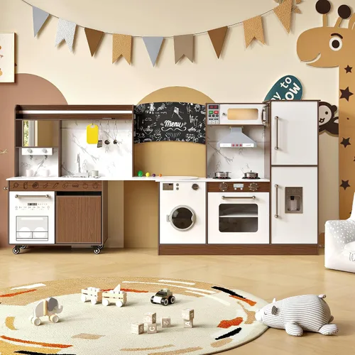 Vista 3 de Juego de cocina grande de esquina de madera, juego de cocina para niños con máquina de hielo, sonido y luz realistas, fregadero de juguetes con agua